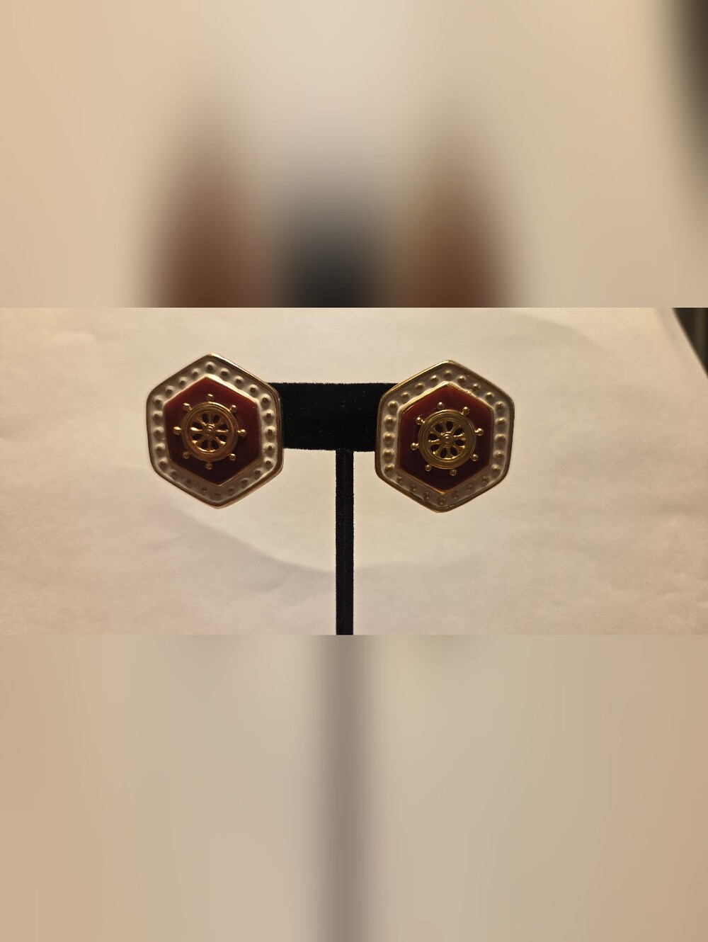 Vintage Nautical Hexagon Red, White and Gold Earrings